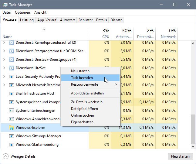 Ein Neustart des Prozesses explorer.exe kann das Startmenü in Windows 10 reparieren.