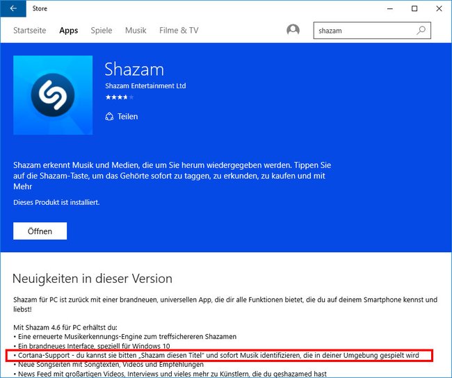 Laut App-Entwickler könnt ihr mit Shazam auch über Cortana Musik erkennen.