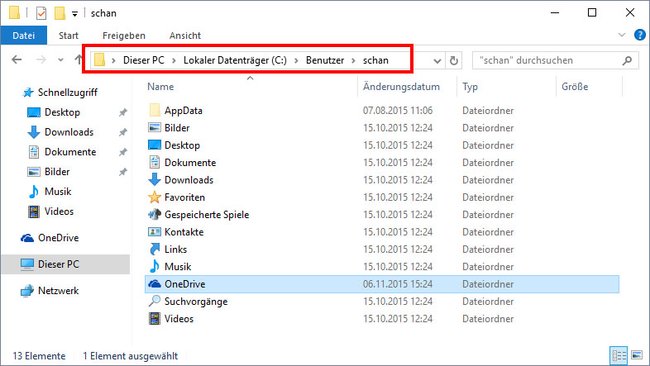 Windows 10: Der Speicherort des OneDrive-Ordners ist in den Eigenen Dateien.