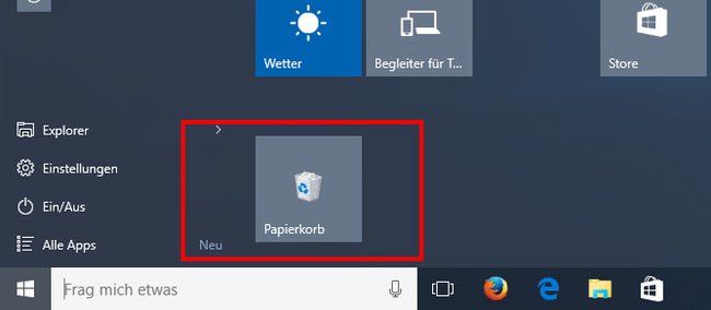 Windows 10: Der Papierkorb ist im Startmenü angeheftet.