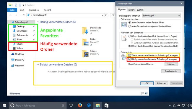 Windows 10: Der Schnellzugriff zeigt standardmäßig angepinnte und zuletzt verwendete Ordner an. Bild: GIGA