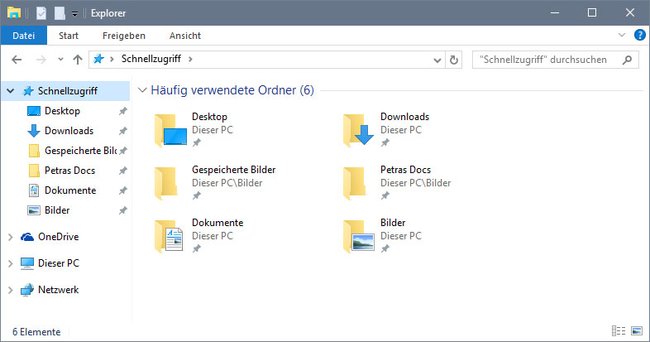 Windows 10: Der Schnellzugriff zeigt nur noch die eigenen angepinnten Ordner an. Bild: GIGA
