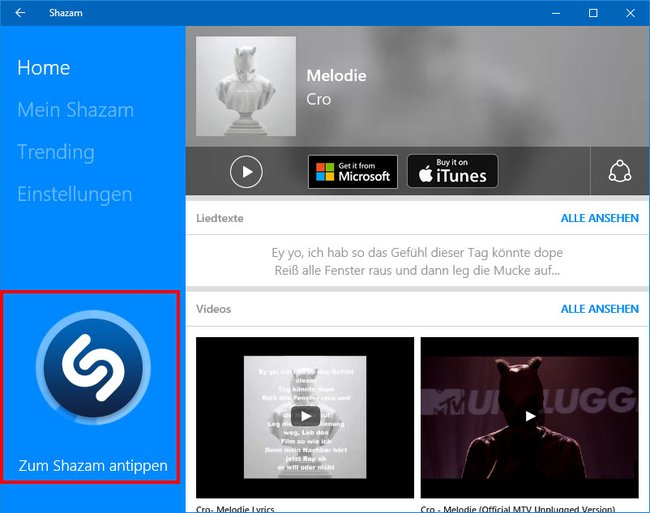 Windows 10: Klickt auf den Shazam-Button, um Musik aus der Umgebung zu erkennen.