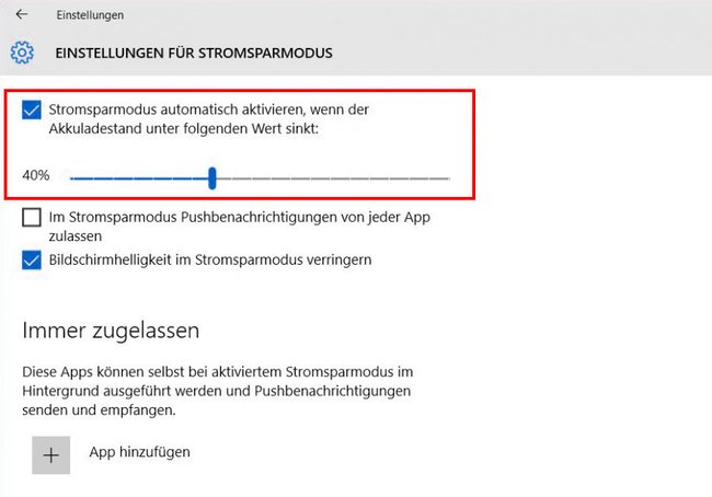 Windows 10: Hier stellt ihr ein, wann der Stromsparmodus aktiviert werden soll.