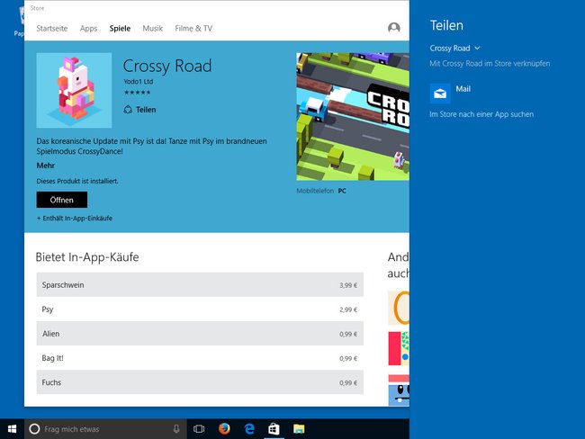 Windows 10: Zum App-Teilen öffnet sich der Windows Store und das Teilen-Menü am rechten Rand.