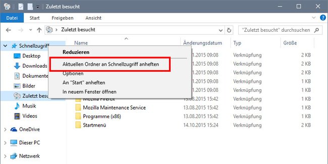 Windows 10: So heftet ihr den Ordner "Zuletzt besucht" an den Schnellzugriff an. Bild: GIGA