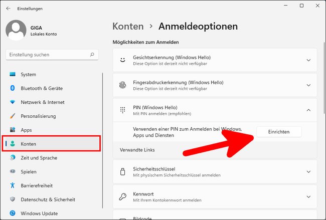 Hier richtet ihr einen PIN für die Windows-Anmeldung ein. Bild: GIGA