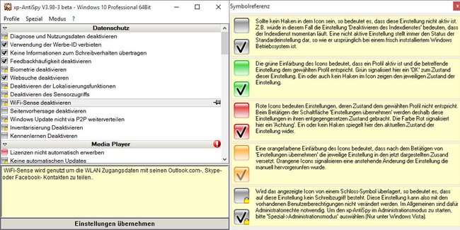 XP-AntiSpy für Windows 10: Hier passt ihr mitunter die Datenschutz-Einstellungen an.