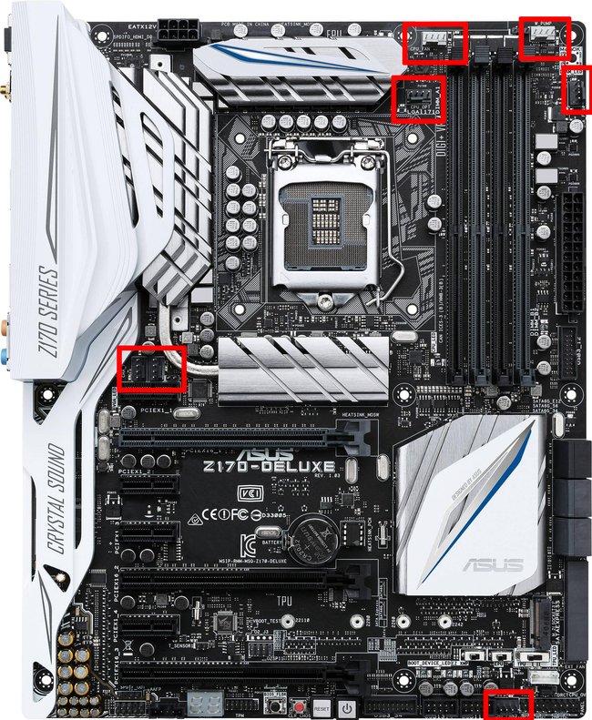 Insgesamt sieben 4-Pin-Lüfteranschlüsse sind auf dem Mainboard verbaut. Bildquelle_ Asus / Edit: GIGA