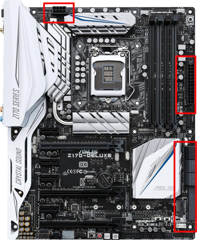 Oben links: Stromversorgung der CPU; rechts: Stromversorgung von Mainboard und weiteren verbauten Komponenten; rechts unten: SATA-Anschlüsse für SSDs, HDDs und optische Laufwerke. Bildquelle: Asus / Edit: GIGA