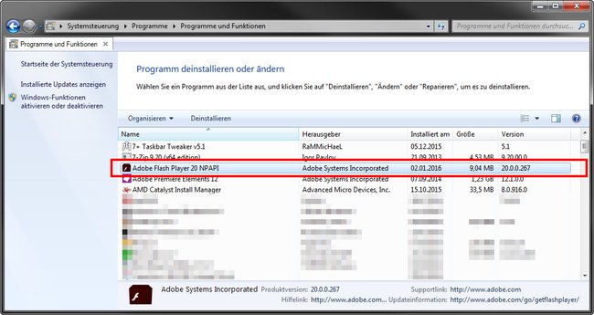 Windows: Das Programm "Adobe Flash Player 20 NPAPI" wird in der Liste der installierten Programme angezeigt.