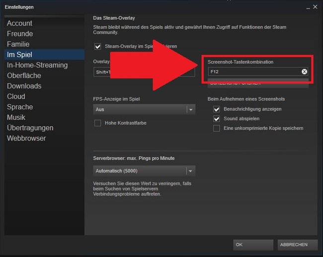 In den Einstellungen von Steam könnt ihr eine Tastenkombination zum Erstellen der Screenshots festlegen. Bild: GIGA