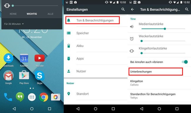 Android 5.0: So stellt ihr die Unterbrechungen und den Stern ein. Bildquelle: cnet.de