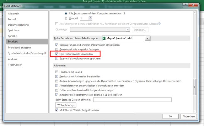 Excel: Aktiviert hier die 1904-Datumswerte.