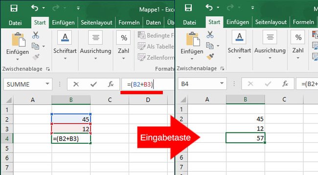 Hier wird die Summe 45 + 12 berechnet. (Bildquelle: GIGA)