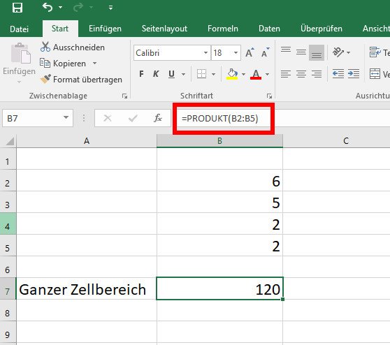 Hier multipliziert Excel alle Zellen von B2 bis B5.