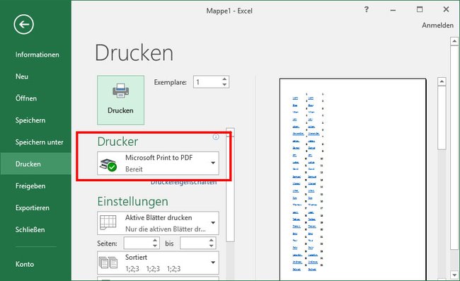Windows 10: Über den Drucken-Dialog erstellt ihr aus Excel eine PDF-Datei.