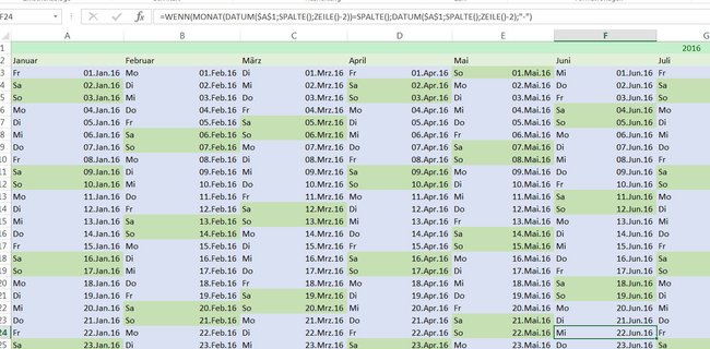 So sah unser Kalender in Excel am Ende aus.