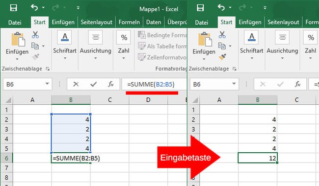 Hier addieren wir mehrere übereinander stehende Zahlen und geben das Ergebnis ganz unten aus. (Bildquelle: GIGA)