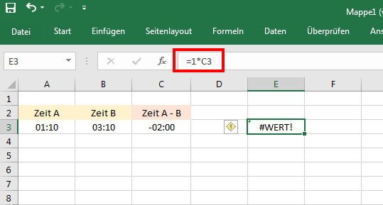 Excel kann das Ergebnis nicht berechnen, da die Zelle C3 Text und keine Zahl ist. Der Wert-Fehler erscheint.