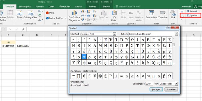 Excel: Im Einfügen-Tab findet ihr das Pi-Symbol unter dem Symbol-Button.