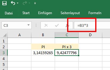In Excel könnt ihr mit der Zahl Pi wie üblich weiter rechnen.