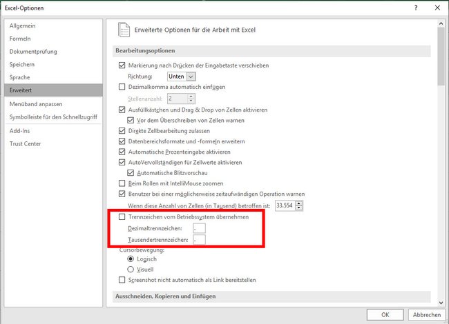 Excel: Hier stellt ihr einen Punkt als Dezimaltrennzeichen ein.