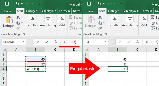 Hier wird die Differenz 45 minus 12 berechnet. (Bildquelle: GIGA)