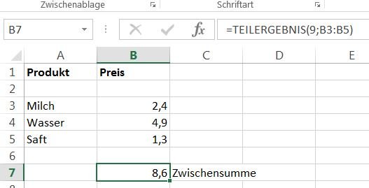 Excel: Teilsumme mit TEILERGEBNIS berechnen – GIGA