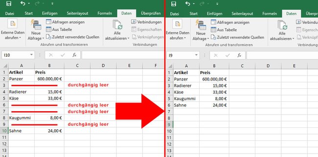 Diese Methode funktioniert, wenn alle Zeilen der markierten Spalten durchgängig leer sind. (Bildquelle: GIGA)