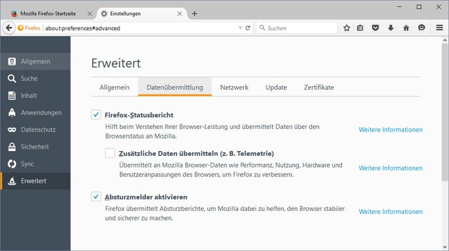 Firefox: In den Einstellungen findet sich keine Option, um das Restaurieren zu deaktivieren.