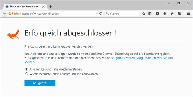 Diese Meldung zeigt Firefox nach der Restaurierung an. Sie lässt sich aber rückgängig machen.