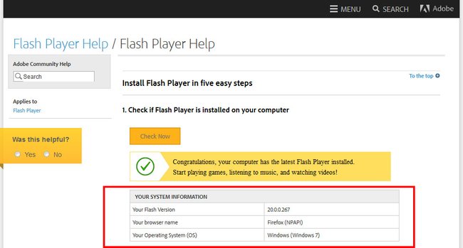 Adobe-Webseite: Hier wird eure installierte Flash-Player-Version angezeigt.