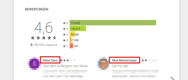 Play Store: Oft wird der volle Name (Vorname und Familienname) angezeigt, wenn ihr Rezensionen schreibt. (Bildquelle: GIGA)