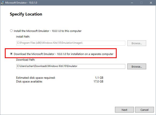 Microsoft Emulator: Wählt hier die zweite Option, um die Dateien für Windows 10 Mobile auf dem PC zu speichern.