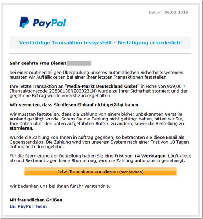 Diese Nachricht über eine Transaktion an Media Markt Deutschland GmbH stammt angeblich von Paypal und soll erst bestätigt werden.