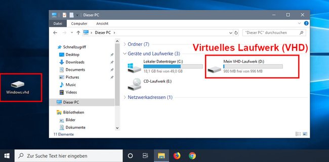 Der Inhalt der VHD-Datei wird als virtuelles Laufwerk im Windows-Explorer angezeigt. Bild: GIGA