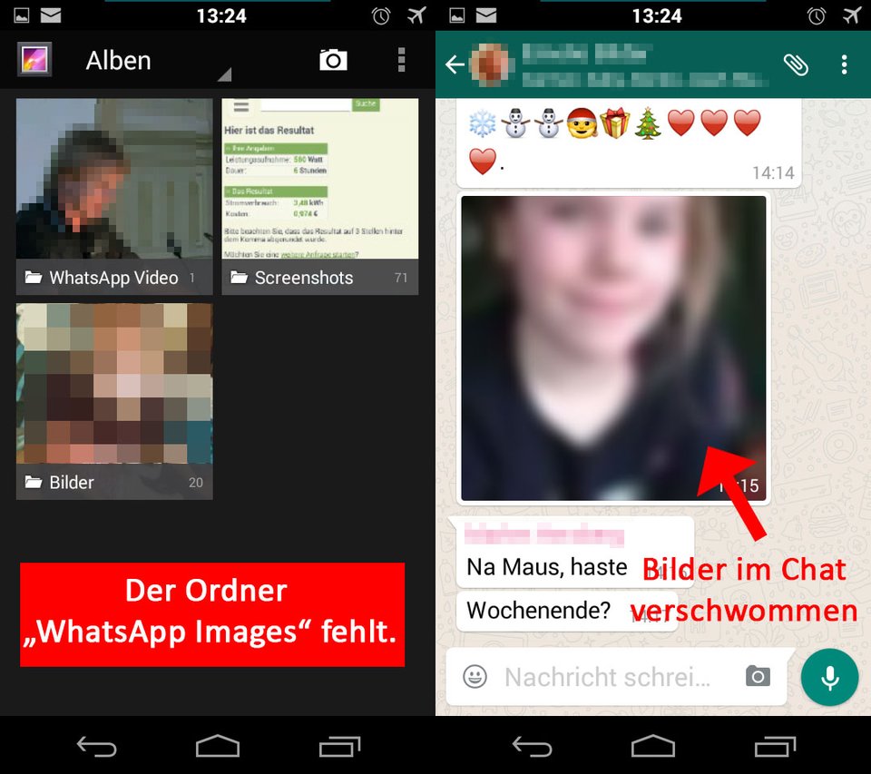 Android-Galerie: Der Ordner "WhatsApp Images" wird nicht mehr angezeigt. Die Bilder im Chat sind verschwommen.