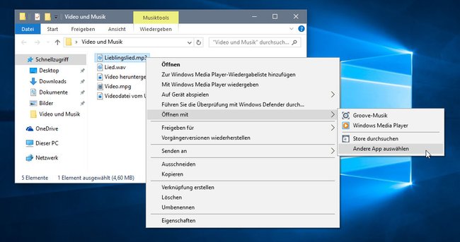 Windows 10: Hier legt ihr den Media Player als Standard-Programm für Dateien fest.