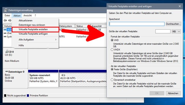 Hier erstellt ihr ein virtuelles Laufwerk mittels VHD-Datei. Bild: GIGA