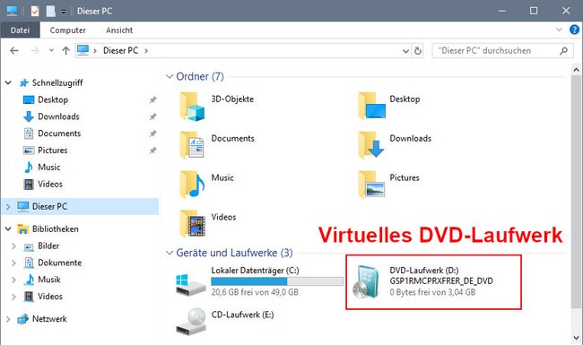 Windows 10 zeigt das virtuelle Laufwerk im Windows-Explorer wie ein gewöhnliches Laufwerk an. Bild: GIGA