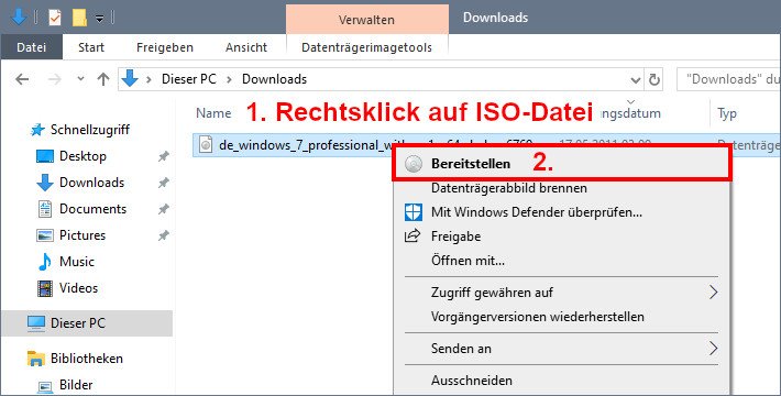 Bild: Windows 10 kann virtuelle Laufwerke aus ISO-Dateien per Mausklick erstellen. Bild: GIGA