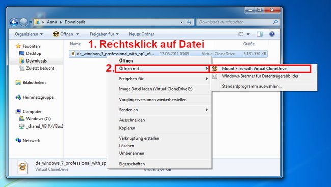 Mit „Virtual CloneDrive“ erstellt ihr ein virtuelles Laufwerk aus einer ISO-Datei in Windows 7. Bild: GIGA