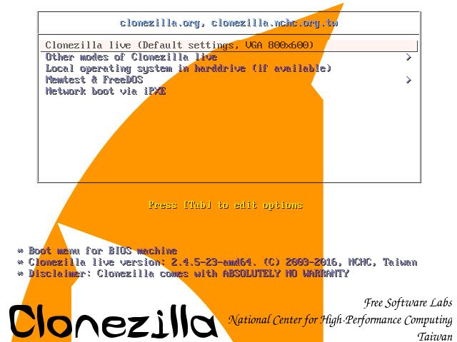 Startet Clonezilla mit der Standard-Auswahl.