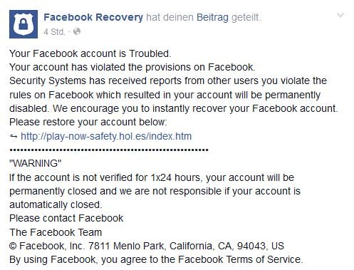 Facebook Recovery Message