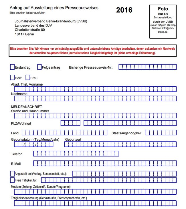 Formular Presseausweis beantragen