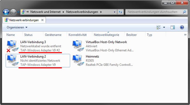 Windows: Bei den Netzwerkverbindungen wird der TAP-Windows Adapter v9 angezeigt.