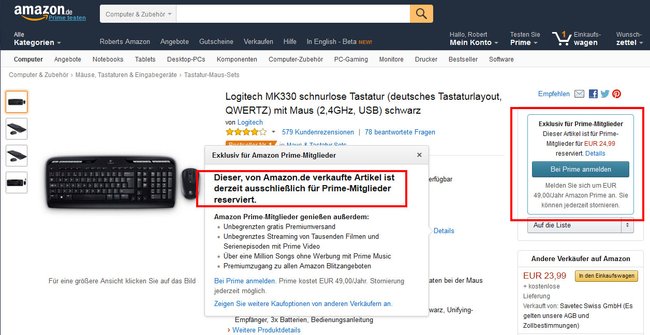 Einige Artikel verkauft Amazon nur an Prime-Kunden. Das lässt sich aber umgehen. Bildquelle: Screenshot amazon.de