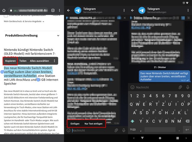 So kopiert ihr Text einer Webseite und fügt ihn in einem Messenger ein. Bild: GIGA