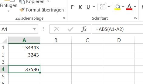 In unserem Beispiel wird der Wert von A2 vom Wert von A1 abgezogen und anschließend der Betrag gebildet.